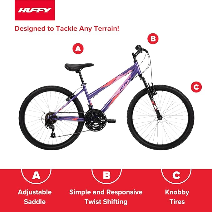Huffy Stone Mountain Hardtail Mountain Bike for Boys/Girls/Men/Women, 20"/24"/26" Sizes, 6 or 21 Speed Shimano Twist Shifting, Front or Dual Suspension, Comfort Saddle, Sleek Colors