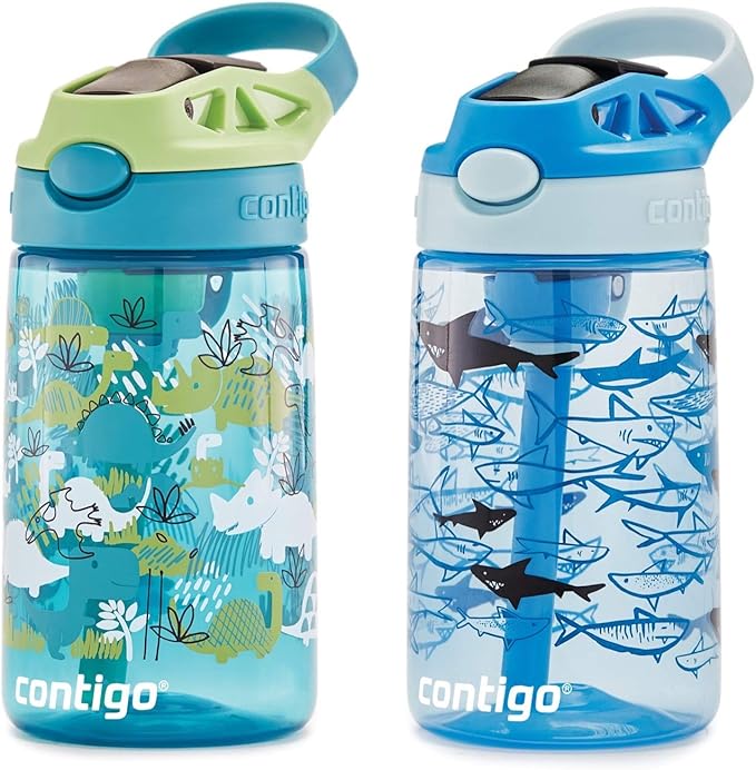 Contigo Aubrey Kids Dinos & Sharks Cleanable Water Bottle with Silicone Straw Spill-Proof Lid Dishwasher Safe 14oz 2-Pack