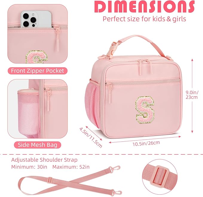 Kids Initial Lunch Bag, Reusable Insulated Lunch Box for Girls Toddlers, Back to School Gift, Leak-proof Cooler Bag for School Daycare Travel Picnic, Pink-S