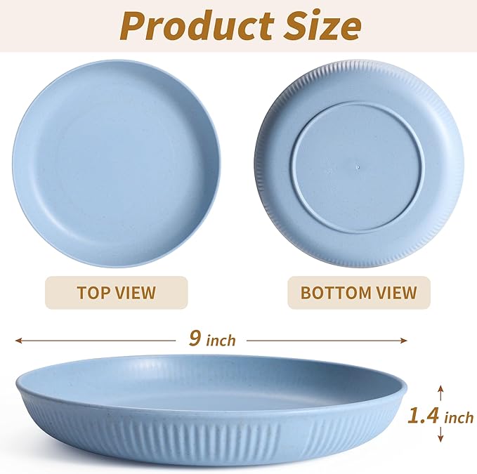 8 PACK 9 Inches Lightweight Wheat Straw Plates,Wheat Straw Fiber Lightweight Unbreakable Dinner Plates, Microwave and Dishwasher Safe, Plates Easy to Clean & Reusable