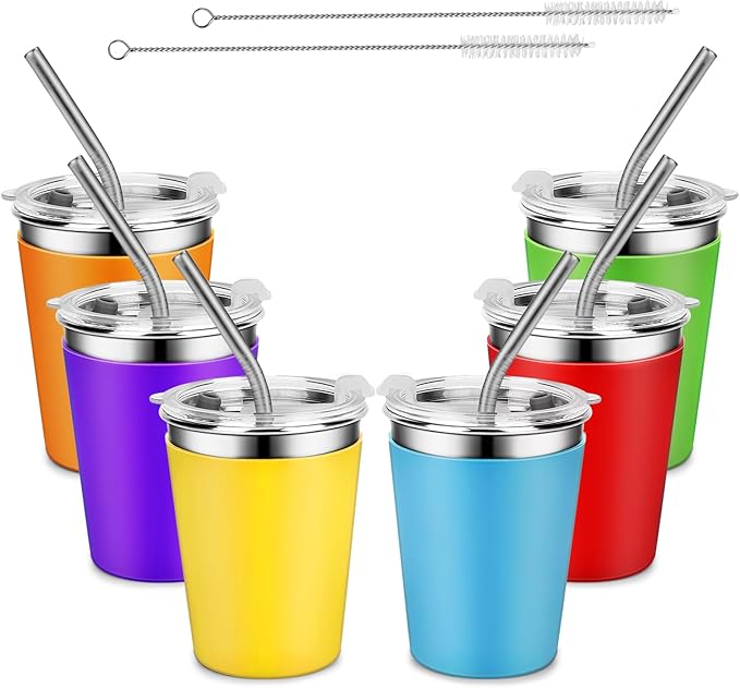 Kids Stainless Steel Cups with Lids, Spill Proof Metal Tumblers With Stainless Steel Straws for Adults, Unbreakable Toddle Cups with Full Wrapped Anti-Scald Sleeves for Hot and Cold Drinks.6Pack.12oz