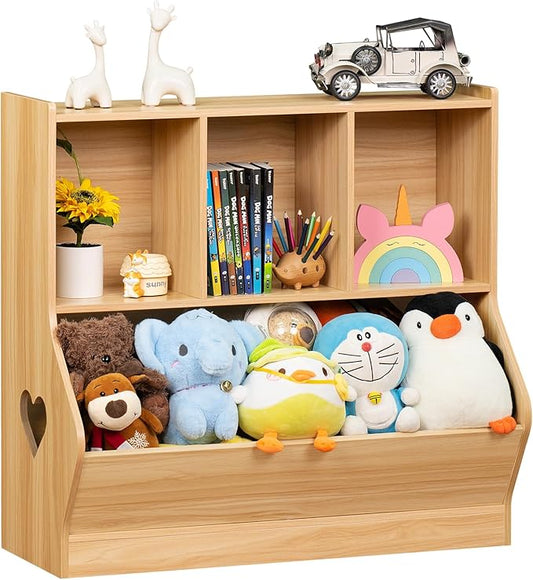 Lerliuo Kids Toy Storage Organizer, Children Small Bookcase and Bookshelf, Toddler 4 Cubby Toy Storage Cabinet, Toy Shelf for Playroom, Bedroom, Living Room, Nursery, School 29.53'' H (Natural)