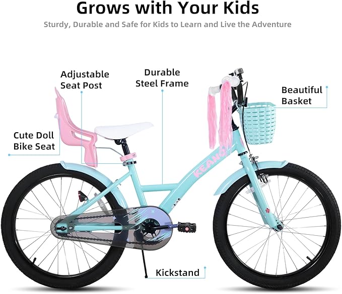 KEANO Zinnia 14 16 20 Inch Kids Bike for Girls Ages 3-10 Years, Girls' Bikes with Training Wheels, Streamers, Basket and Doll Seat, Children Bicycles