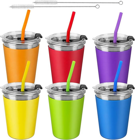ShineMe 12oz Toddler Cups with Straws and Lids, 6 Pack Spill Proof Cups for Kids, Reusable Stainless Steel Kids Cups with Rainbow Color Anti-Slip Silicone Sleeves for Cold & Hot Drinks