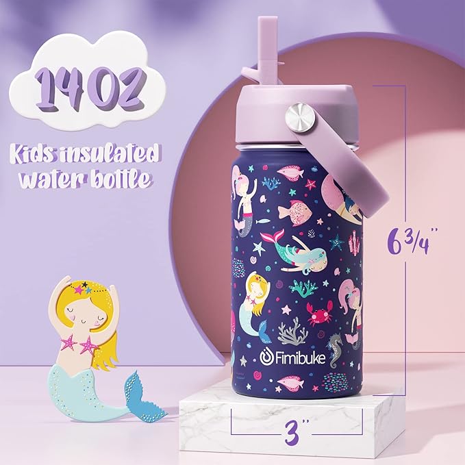Fimibuke Kids Insulated Water Bottle, 14oz BPA FREE Double Wall Vacuum Tumbler 18/8 Stainless Steel Leak Proof Kids Cups with Straw Metal Water Bottle for School Boy Girl (2 Pack, RAINBOW/MERMAID)