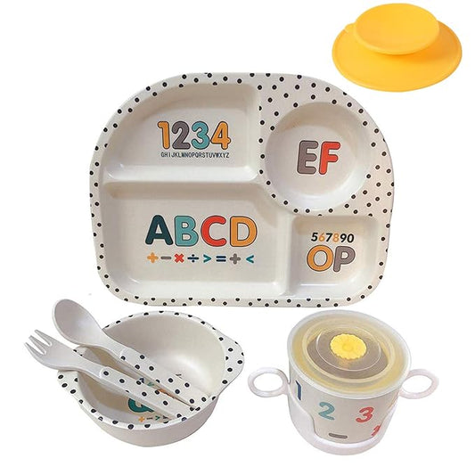 shopwithgreen 7Pcs/Set Bamboo Kids Dinnerware Set - Children Dishes - Food Plate Bowl Cup Spoon Fork Set Dishware, Cartoon Tableware, Dishwasher Safe Kids Healthy Mealtime, BPA Free
