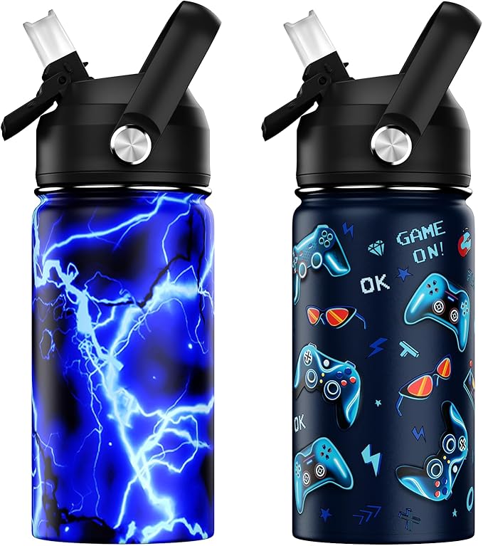 14oz Kids Insulated Water Bottle with Straw Lid - 18/8 Stainless Steel Kid Cup Travel Tumbler Double Wall Vacuum Leak Proof Portable Toddler Water Bottle (Lightning+Game）