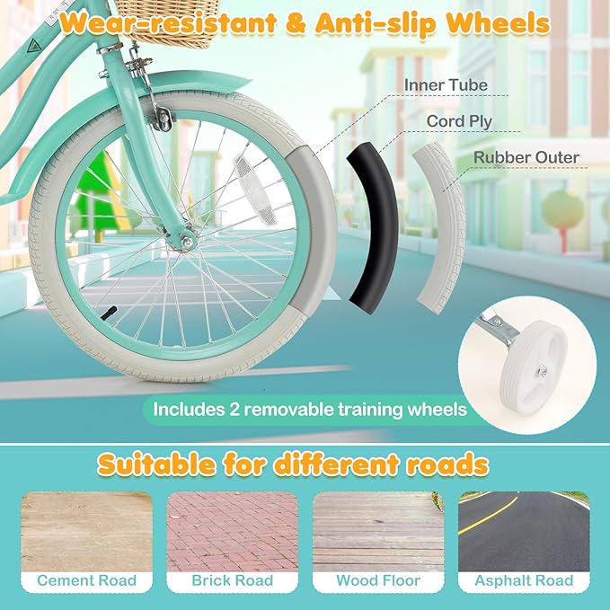 BABY JOY Kids Bike, 14 16 18 Inch Retro Kids Bicycles for 3-8 Years Old Children with Training Wheels, Adjustable Height, Rattan Basket, Handbrake & Coaster Brake, Boys Girls Bike (Pink, Green, Blue)