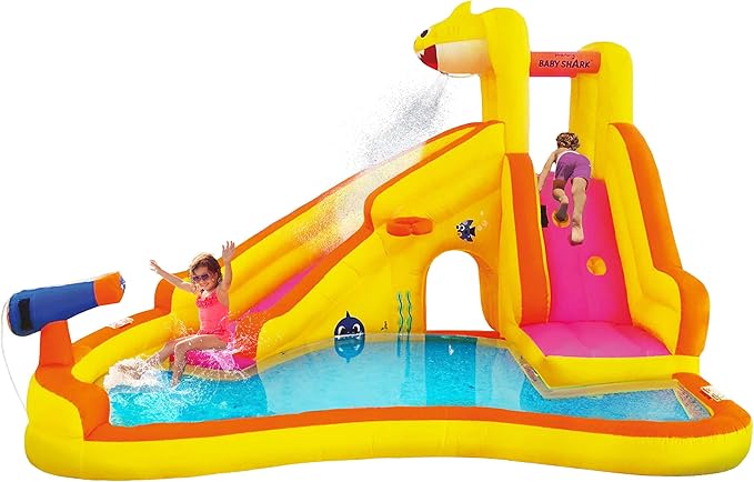 Funormous Baby Shark Bounce House with Slide Wet or Dry, Pink Fong Inflatable Water Slide, Party Outdoor Curve Waterslide Fun, Kids Backyard Water Park, Includes Water Sprayer, Pool & Blower