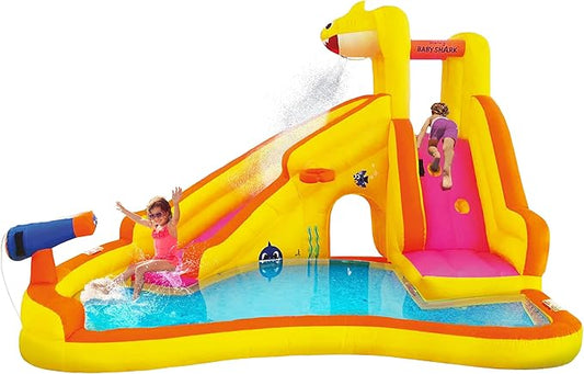 Funormous Baby Shark Bounce House with Slide Wet or Dry, Pink Fong Inflatable Water Slide, Party Outdoor Curve Waterslide Fun, Kids Backyard Water Park, Includes Water Sprayer, Pool & Blower