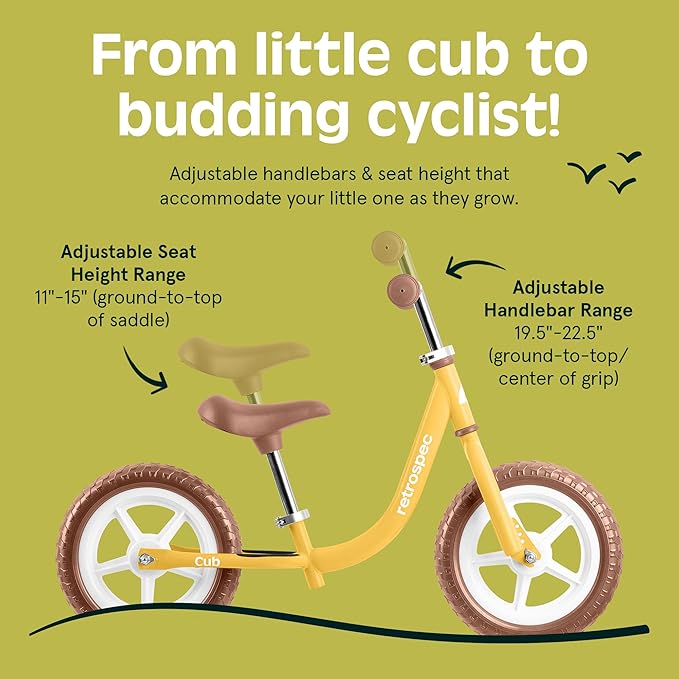 Retrospec Cub Toddler Balance Bike for Ages 18 Months - 3 Years - 12in No-Pedal Beginner Bicycle with Adjustable Seat, Puncture-Proof Tires & Safe Low Frame Design