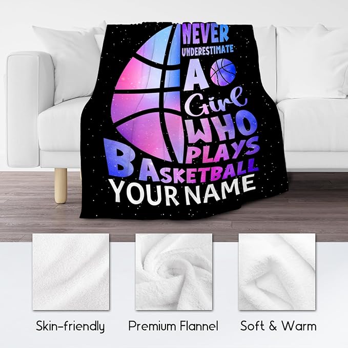 Personalized Basketball Blanket for Girls, Custom Basketball Gifts with Name for Girls, Sport Throw Blankets for Team, Kids Throws for Couch Sofa (30x40 Inch)