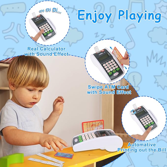 Payment Terminal Toys, Point of Sale Terminal with Light and Sound, Cash Register Toy with Credit Cards and Recipts, Pretend Play Toy for Children Age 3 and Up