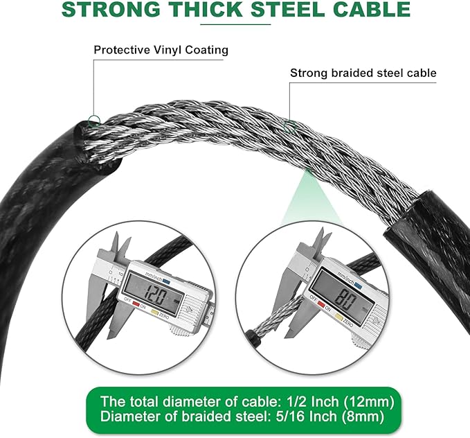 7 ft x 1/2" Heavy Duty Cut-Proof Security Cable | Flexible Vinyl-Coated Braided Steel with Looped Ends | Weatherproof Anti-Theft Locking Cable for Bikes, Gates, Kayaking & Outdoor Equipment