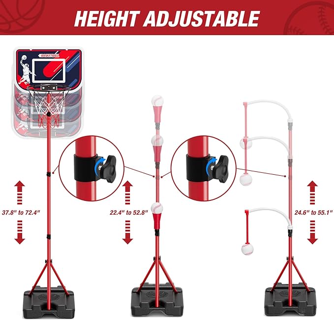 4 in 1 Kids Basketball Hoop and Tball Set for Toddlers 3-5, Adjustable Hanging Tee Ball Stand with Automatic Baseball Pitching Machine, Indoor Outdoor Sport Toys Birthday Gifts for Boys Girls