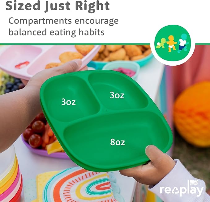 Re-Play Toddler Plates with Dividers - Deep-Walled 3 Compartments Divided Plates for Kids - Dishwasher & Microwave Safe - Made in USA - Set of 4-7.37" x 7.37" x 1.25" - Preschool