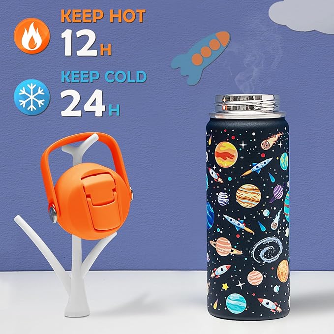 18oz Kids Insulated Water Bottle with Straw Lid - 18/8 Stainless Steel Kid Cup BPA-FREE Travel Tumbler Double Wall Vacuum Leak Proof Portable Toddler Water Bottle (Space)