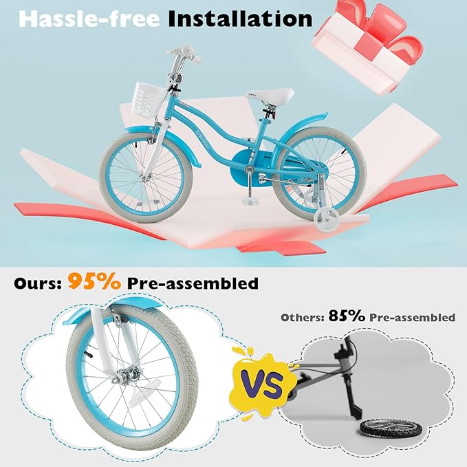 BABY JOY Kids Bike, 12 14 16 18 20 Inch Boys Girls Bike w/Adjustable Seat, Removable Basket, Handbrake & Coaster Brake, Training Wheels or Kickstand, Kids Bicycle with Multi-Color