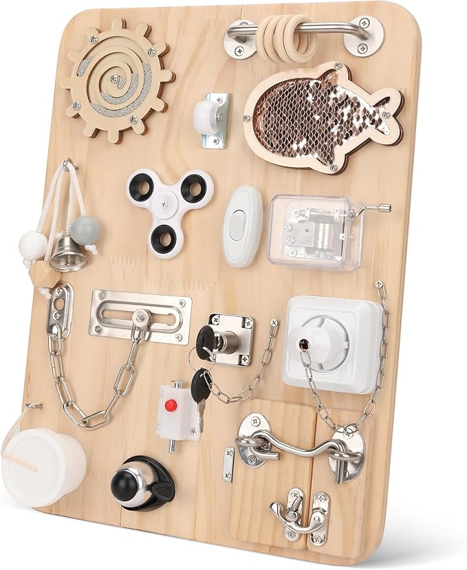 Wooden Montessori Busy Board, Montessori Sensory Activity Board Toys for Kids Toddler Baby Boys Girls, for Autism & ADHD Motor Skills