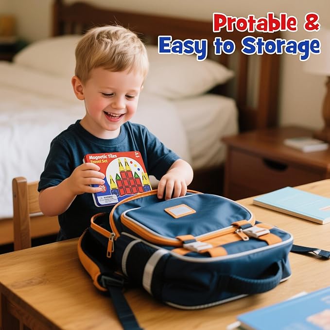 Mini Magnetic Tiles with Iron Case, Magnetic Building Toys Kid's Travel Essential Portable Creativity On-The-Go Magnet Blocks STEM Travel Toys for Toddler Boys Girls Ages 3+, 26-Piece