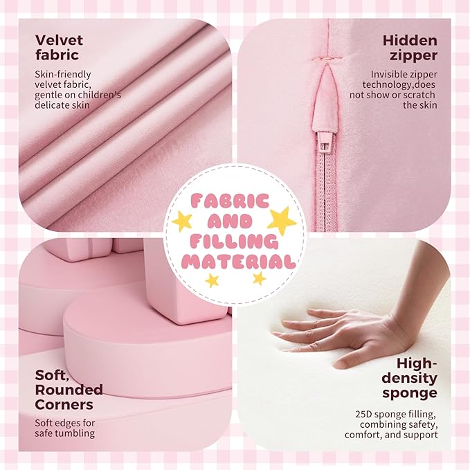 12 Pcs Modular Kids Play Couch, Toddler Couches That Fold Out, Plush Foam Chair for Children’s Playroom, Velvet Fabric Convertible Foam and Floor Cushion for Boys and Girls (Pink,07)