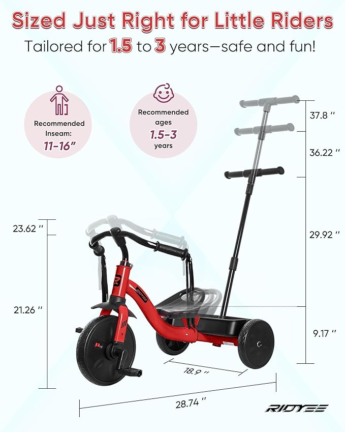 2-in-1 Tricycle for Toddlers Ages 1.5–3, Trike with Extended Push Handle, Removable Wagon-Style Basket, Adjustable Handlebar with Tassels, and Fore-AFT Adjustable Seat, Red