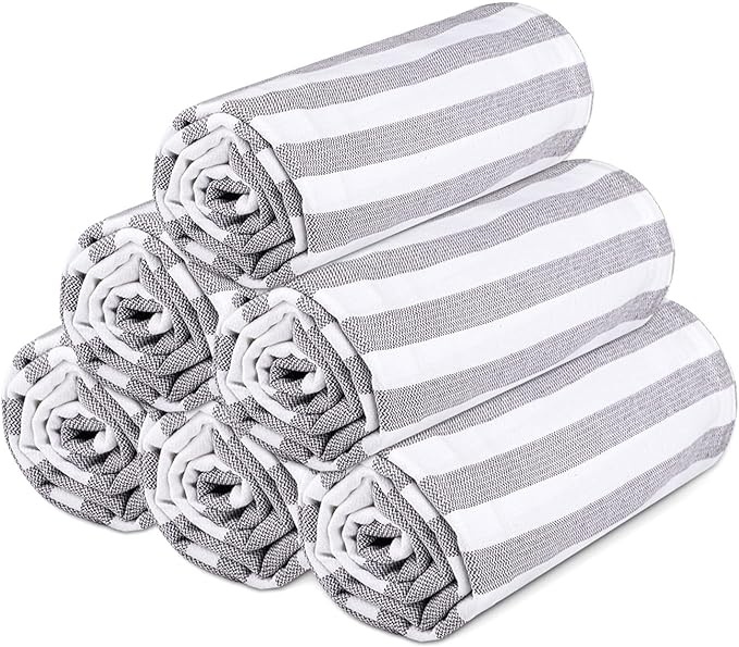 Urban Villa Set of 6 Peshtemal Turkish Beach Towel Oversized 36x72 Absorbent Extra Large - Sand Free Quick Dry Bath Towels - Lightweight Travel Cruise Camping Spa Towels - Grey