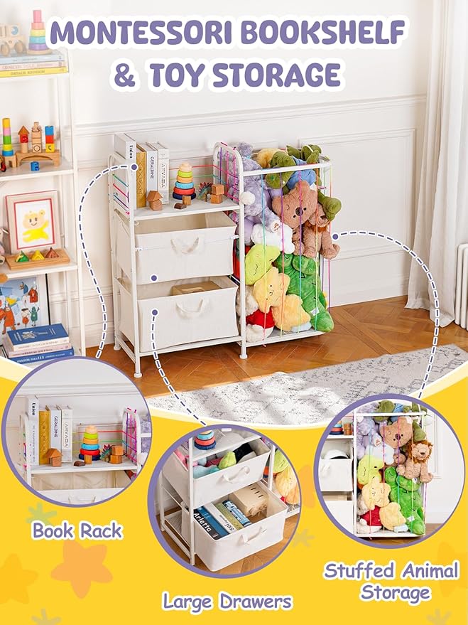 VBABY Kids Bookshelf and Toy Storage, 2-Tier Stuffed Animal Storage and Book Shelf for Kids Rooms, Toddler Montessori Bookshelf with Fabric Drawers for Nursery, Playroom, Bedroom