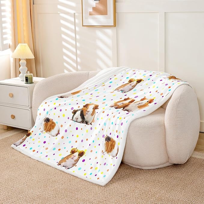 Guinea Pig Fleece Throw Blanket for Girls & Boys - Cute Cavy Sherpa Blanket, Decorative Cartoon Plush, Colorful Polka Dots, Fuzzy, 30x40 Inch