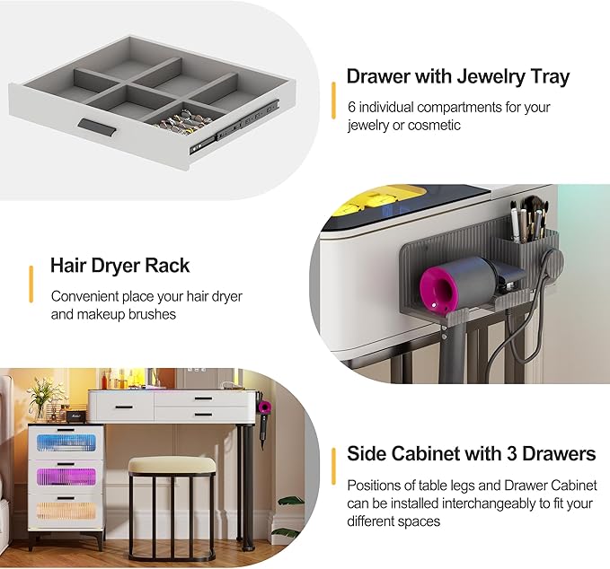 HNEBC Vanitys with HD Glass Display Table, Makeup Desk with Lighted Mirror and Charging Station, Dressing Table with RGB Lights,Jewelry Organizer,Cabinet,6Drawers,Chair for Women/Girls (White)