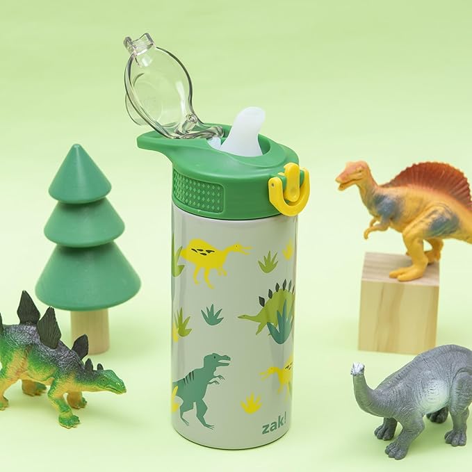 Zak Designs Sage Kids Water Bottle For School, Travel or At Home, 14oz Stainless Steel Water Bottle With Straw, Handle, and Leak-Proof, Pop-Up Spout Cover (Dino)