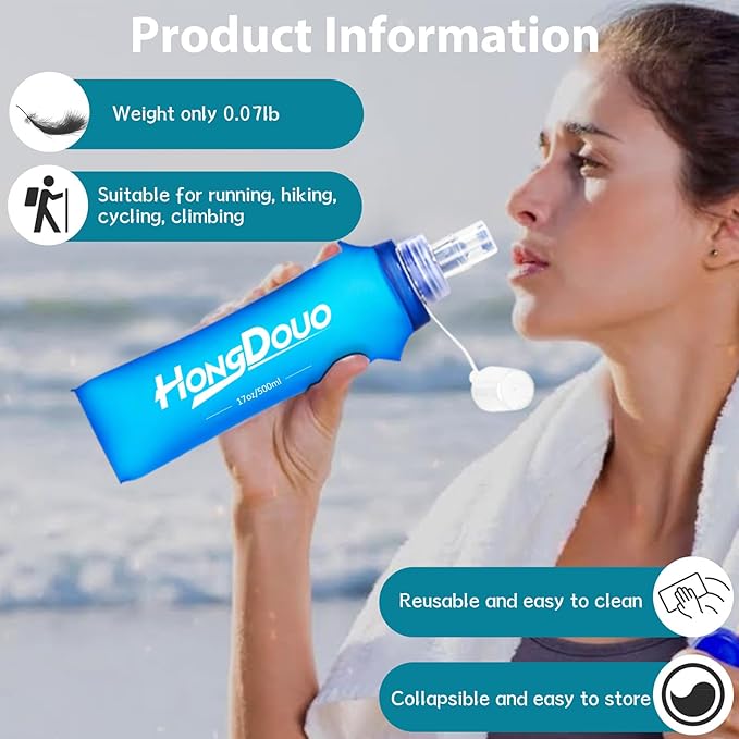 2 Packs Soft Flask, 17oz/500ml TPU Collapsible Soft Water Bottle for Hydration Pack, Running Vest, BPA-Free Folding Water Bottles for Hiking Cycling Climbing Running Outdoor Sports