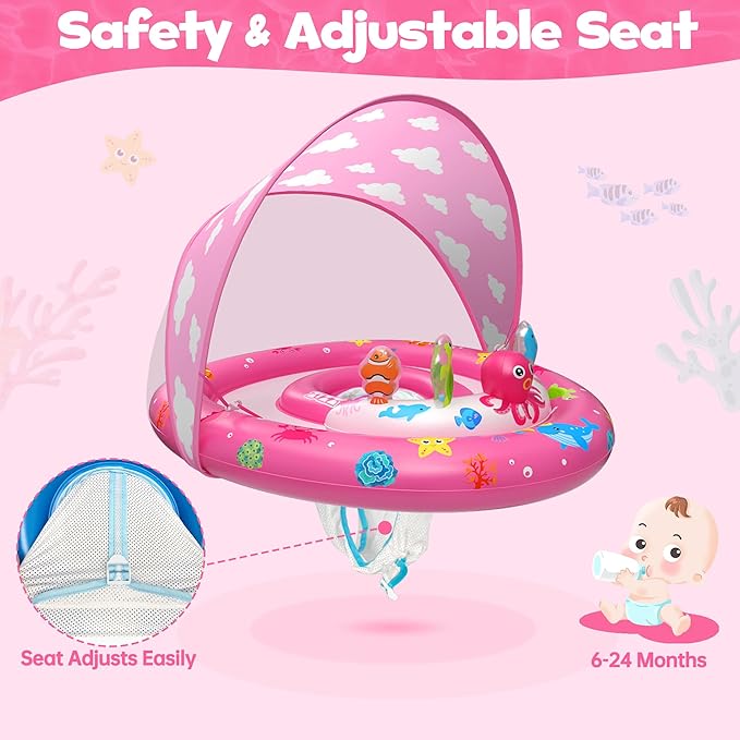 ZIZZ Baby Pool Float with Canopy - 2025 New Inflatable Baby Swim Float with UPF50+Sun Protection, Baby Infant Pool Float with Toy Play Console Adjustable Seat for Toddler Kids Aged 6-36 Months