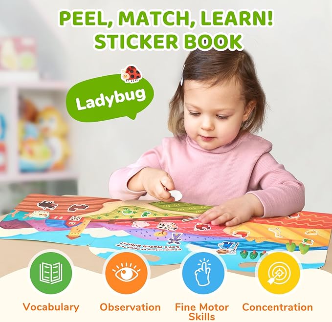 JoyCat Reusable Sticker Book - Jelly Animal Stickers for Toddlers, Kids Sticker Activity Book, Travel Toys for Road Trip, Car & Airplane, Educational Learning Gifts for Boys and Girls Ages 3-5 (Farm)