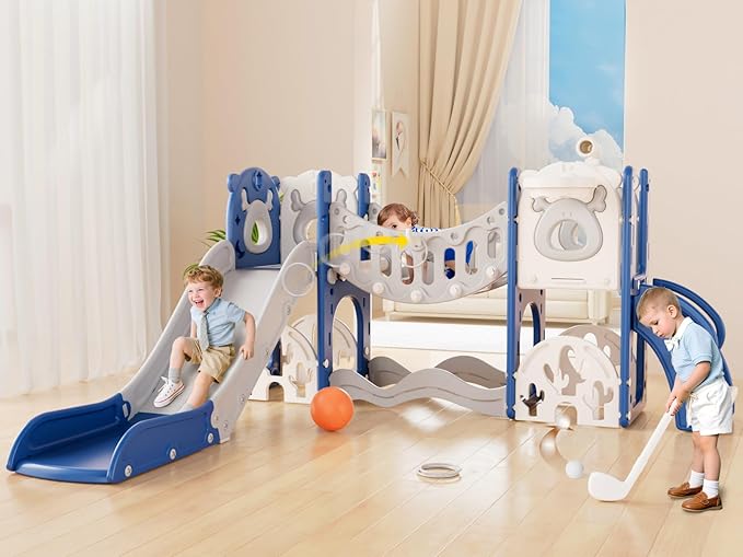 XJD Toddler Slide,11 in 1 Kids Slide for Toddlers 1-3, Toddler Climbing Toys,New Upgrade with Golf Set, Basketball Hoop for Indoor Outdoor Playset (Blue)