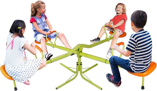 SUPER DEAL Teeter Totter Kids Seesaw, Outdoor Playground Equipment 360 Degrees Rotate All Steel Extendable Tubes for Toddlers Children Backyard, Green and Orange, 4 Seat