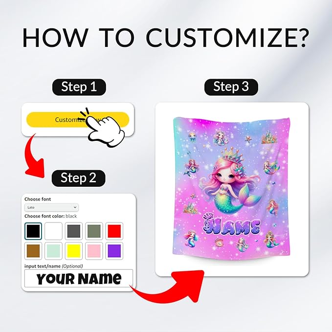 Mermaid Blanket for Girls - Personalized Blankets Gifts for Kids Toddler - Soft Fuzzy Cozy Throws for Sofa, Living Room, 4 Size