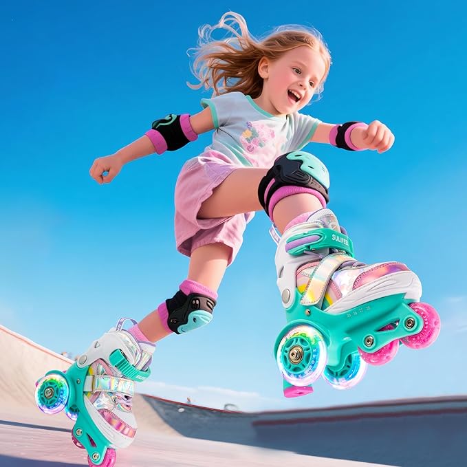 SULIFEEL Rainbow Unicorn 4 Size Adjustable Light up Roller Skates for Girls Boys for Kids