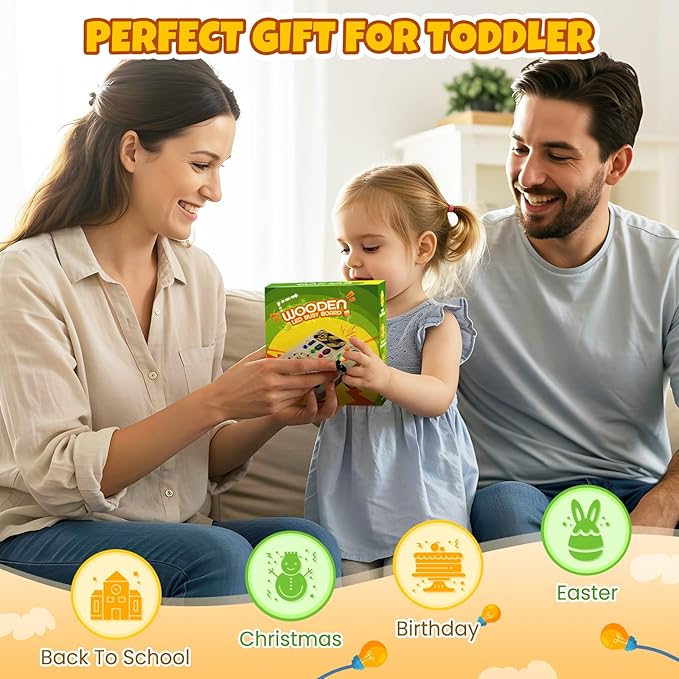 Montessori Busy Board, Wooden Sensory Toy for Toddler with LED Light, Educational Travel Toy, Christmas Birthday Gifts for Toddler