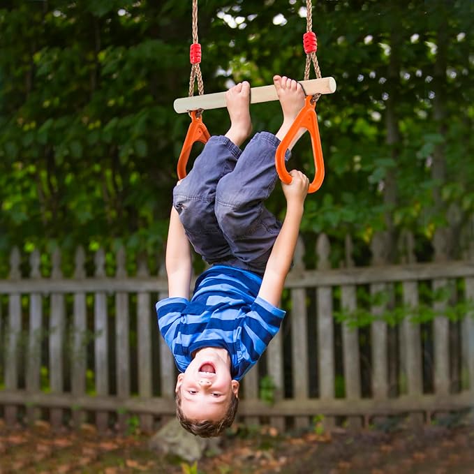 PELLOR Kids Trapeze Bar with Rings,Wooden Trapeze Swing Bar for Ninja Warrior Obstacle Course,Children's Swing Set Indoor Outdoor Garden,Yard,Playground
