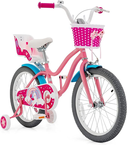 BABY JOY Kids Bike, 12 14 16 18 Inch Children Bicycle w/Detachable Training Wheels, Storage Basket, Adjustable Seat & Handlebar, Bow or Streamer, Girls Bike for 3-8 Years Old