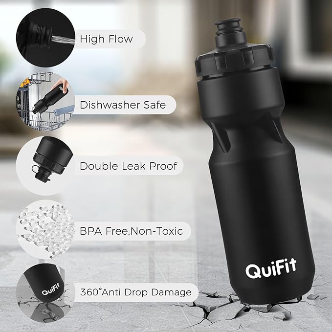 QuiFit Bike Water Bottle 2-Pack, 24oz Squeeze Bottles BPA Free, Leak Proof, Reusable Sport Jug with Dust Cover, Fit Most Bike Holders, for Cycling, Gym, Camping, Hiking(Black+Black, 24oz)