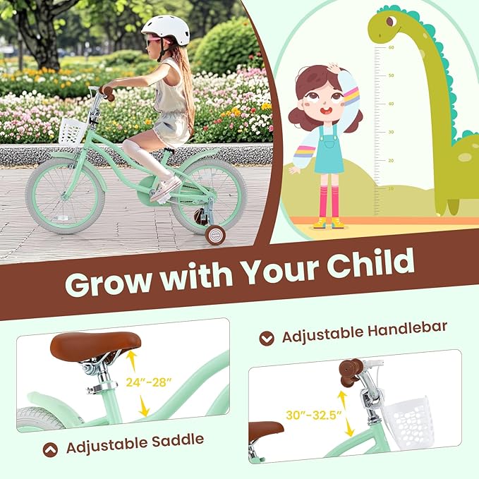 COSTWAY Kids Bike, 12 14 16 18 Inch Toddler Bike Children Bicycle w/Training Wheels, Hand & Coaster Brakes, Adjustable Saddle & Handlebar, Basket, Bell, Kids Bicycle for Girls Boys Aged 3-8 Years Old