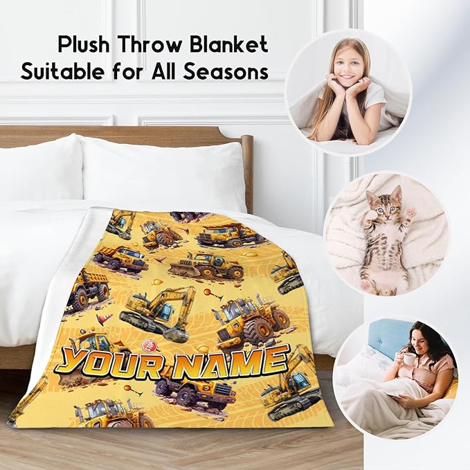 Toddler Blanket for Boys - Custom Construction Truck Gifts for Kids - Personalized Excavator Fleece Throws for Couch Sofa (4 Sizes)