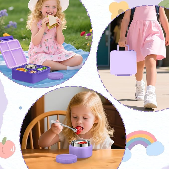 Bento Lunch Box for Kids with 9oz Soup Thermo Leak-Proof Lunch Food Container with 5 Compartment Thermo Hot Food Jar and Insulated Lunch Bag for Kid Toddler Girls Boys to School(Purple)
