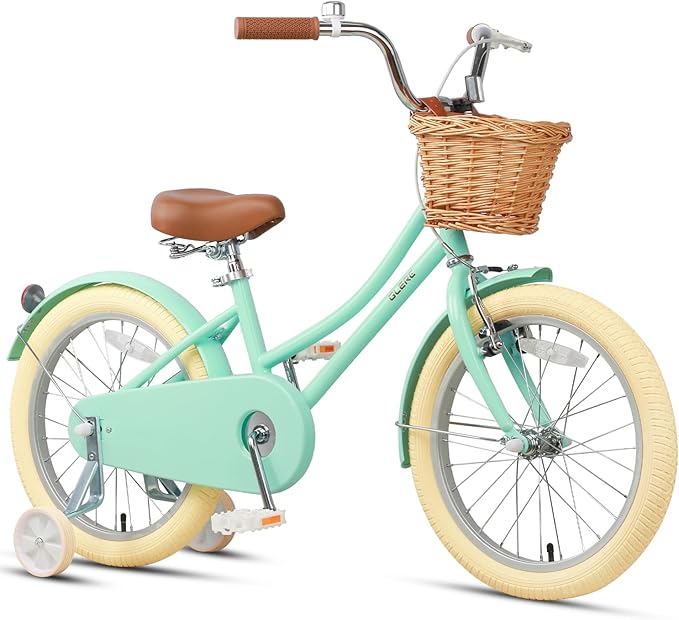 Glerc Little Molly 12-20 Inch Kids Retro Cruiser Bike for 2-13 Year Old with Wicker Basket & Training Wheels/Kickstand, Multiple Colors