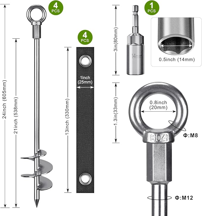 24'' Ground Anchors Screw in - Heavy Duty Trampoline Anchors -Shed Anchor Kit - Mobile Home Anchors - Earth Anchors for Swing Sets, Gazebos, Carports, and Hurricane, 4pcs