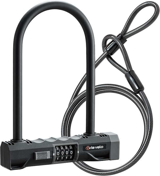 Via Velo Heavy Duty U-Lock with 4-Digit Resettable Combination & 5ft Steel Cable, Anti-Theft Bike Lock for Bicycles, Scooters, and Electric Bikes