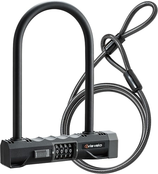 Via Velo Heavy Duty U-Lock with 4-Digit Resettable Combination & 5ft Steel Cable, Anti-Theft Bike Lock for Bicycles, Scooters, and Electric Bikes
