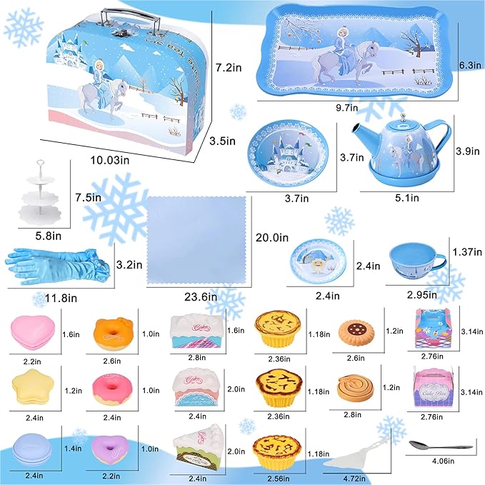PRE-WORLD Tea Party Set for Little Girls, 46Pcs Princess Tea Time Toy Including Dessert,Cookies,Doughnut,Teapot Tray Cake,Tablecloth,Gloves & Carrying Case,Kitchen Pretend Play for Girls Boys Age 3-6